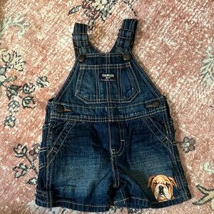 OshKosh B’gosh 9M denim overalls with cutesy puppy dog embellishments.